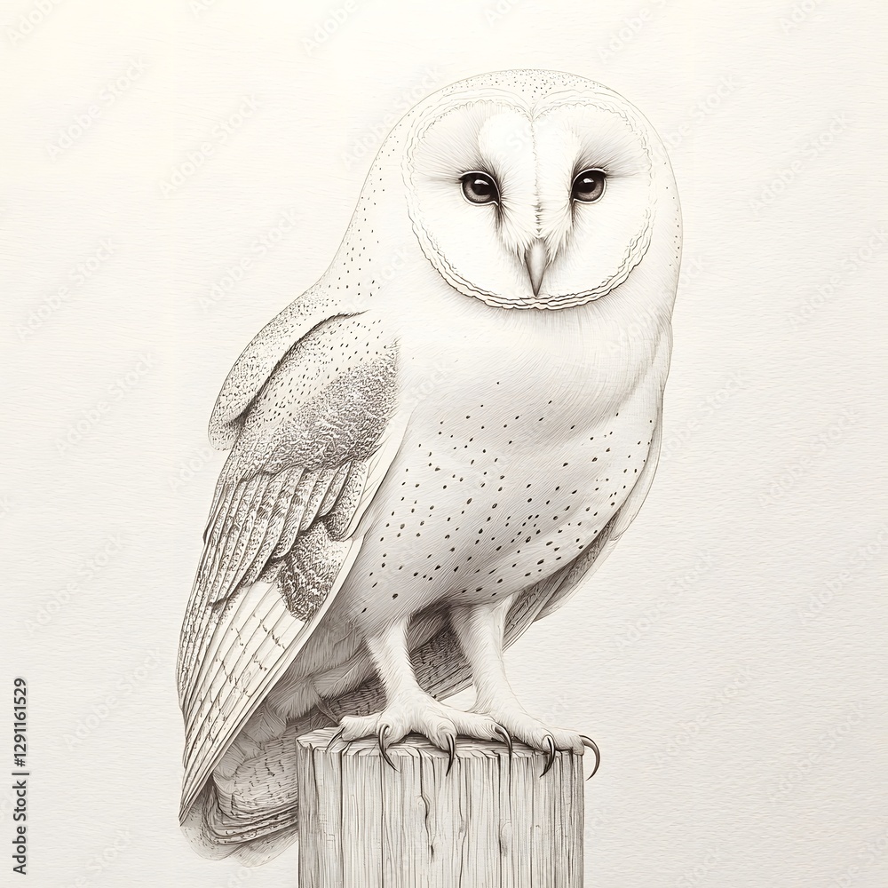 Wise Old Barn Owl Perched on Wooden Post in Delicate Engraving Style a Vintage Nature Guide Aesthetic