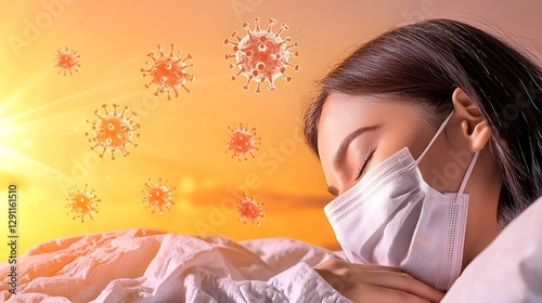 Obraz na płótnie Woman in face mask resting on hospital bed eyes closed bathed in warm golden light with soft floating influenza virus particles in the air medium shot w salonie