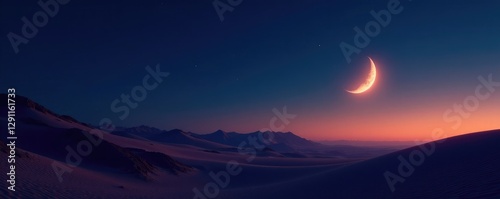 A lone waning crescent moon hanging above a vast desert landscape at night, lunar phase, sky, desert