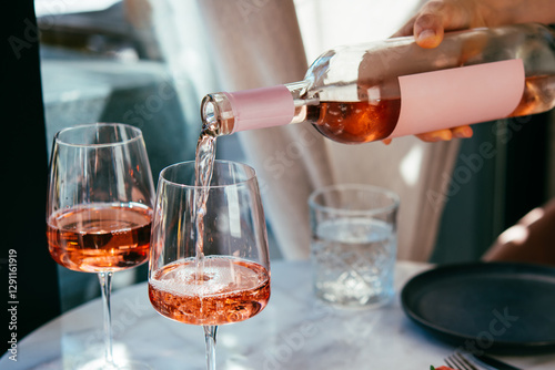 Obraz na płótnie Pouring rose wine at a dinner party with friends in a bar or restaurant. w salonie