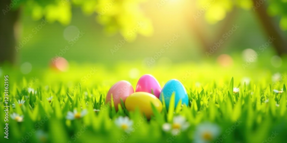Fototapeta premium Vibrant pastel eggs nestled in a sun-drenched meadow of green grass and wildflowers