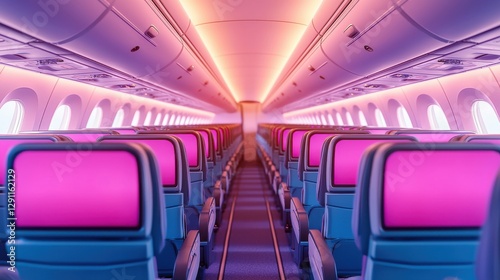 Vibrant interior of a modern airplane cabin with colorful lighting and empty seats.