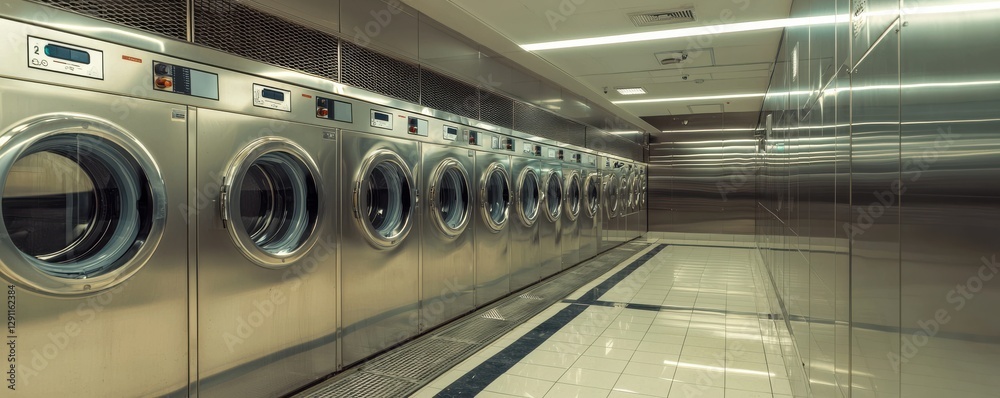 Obraz premium Modern laundry room featuring stainless steel machines in a sleek, minimalist design.