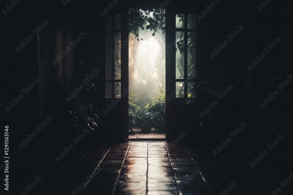 Obraz premium Mysterious dark corridor leading to bright light with eerie atmosphere