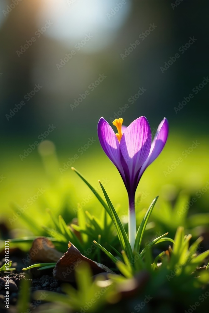 A single spring crocus flower peeking through lush grass, earthy, meadow A single spring crocus flower peeking through lush grass, earthy, meadow