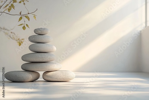 Zenned-out balance with stacked smooth stones in a bright white space
