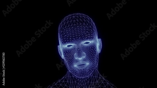 Talking mesh head. Grid head conversation. Animated speaking neon head. Speaking lines mask. 3D anination. 3D mesh.