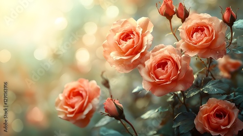 a cluster of peach-colored roses in full bloom with a soft, dreamy background of bokeh lights and green foliage, creating a serene and romantic atmosphere.