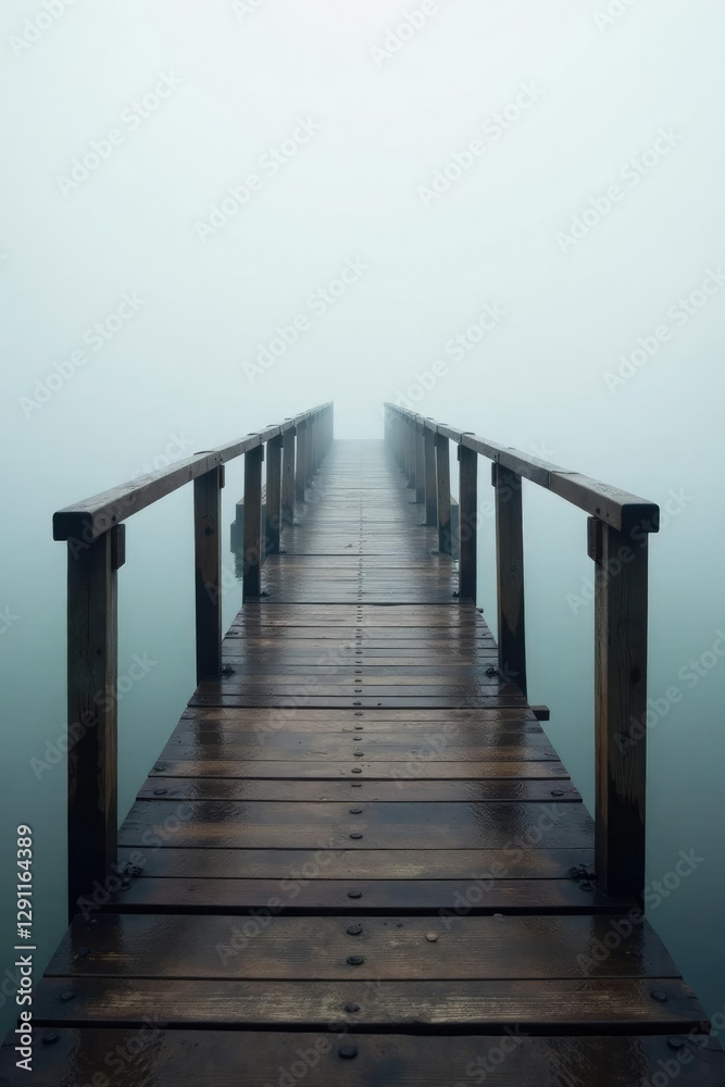 Fototapeta premium A weathered wooden bridge spanning a deep pool of grey water, solitude, gray, peaceful