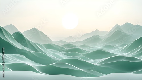 a serene landscape of rolling green hills with a soft, hazy sunrise in the background, creating a tranquil and ethereal atmosphere.