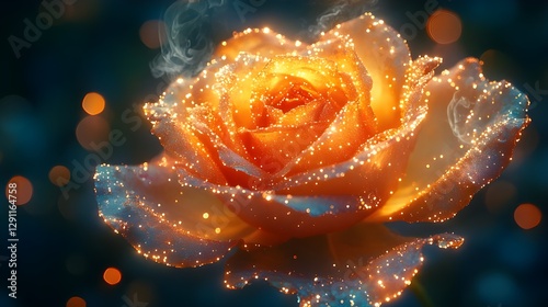 A glowing orange rose with sparkling dew drops on its petals, set against a dark, blurred background with bokeh lights.