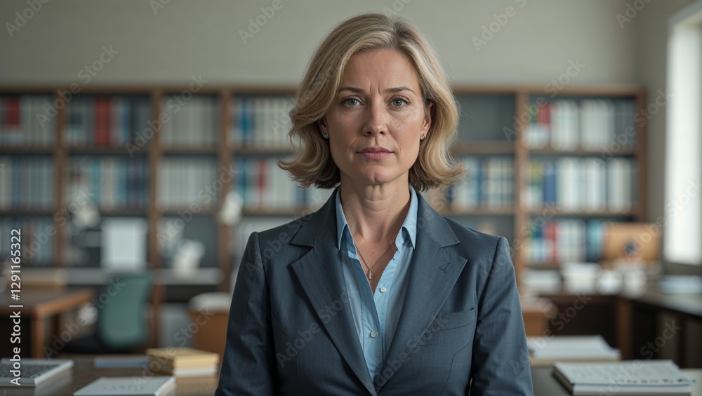 A middle aged female editor in business casual in a publishing house on a plain background A middle aged female editor in business casual in a publishing house on a plain background
