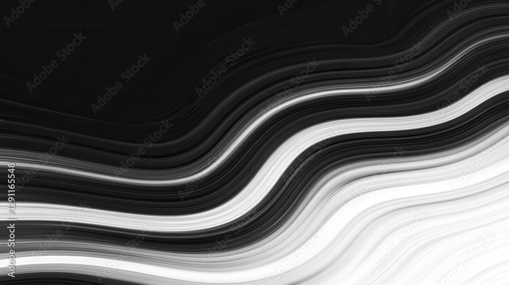 A dynamic, abstract design featuring smooth, wavy lines in varying shades of black and white, creating a sense of movement and depth.