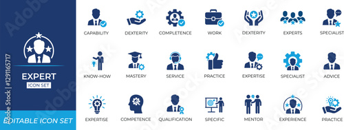 Expert icon set with professional, knowledge, skills, advice, expertise, specialist, talent, skill, expert, ability, adviser, and authority symbols for business, practice, and consulting projects.