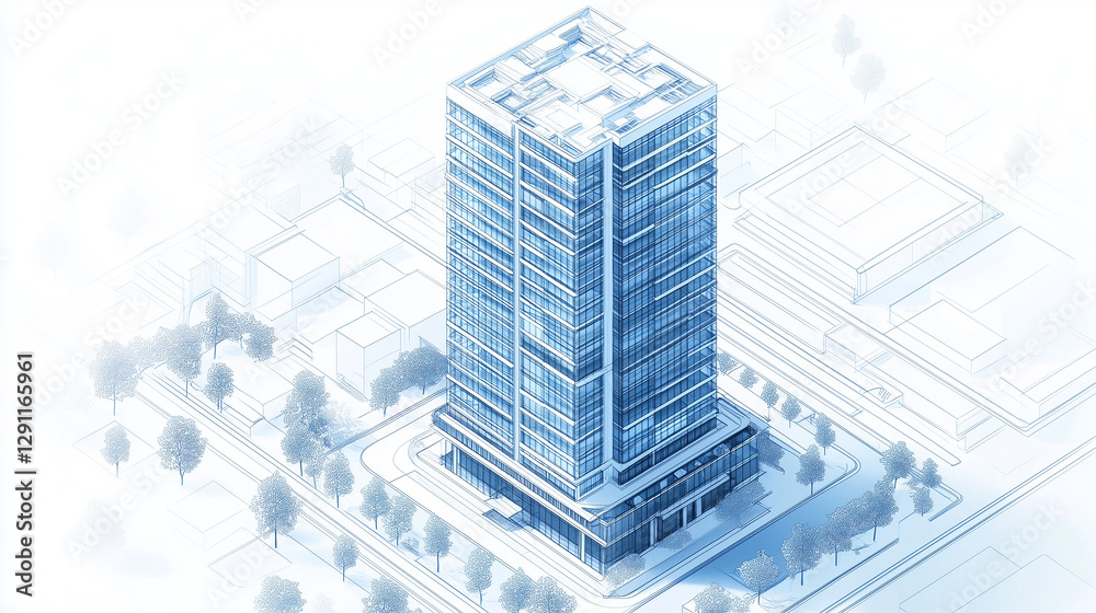 Fototapeta premium A 3D-rendered isometric architectural drawing of a multi-story skyscraper, showcasing intricate facade details and expansive glass windows