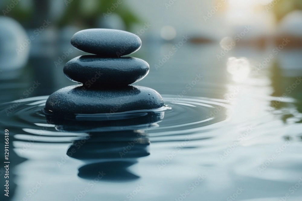 Stack of balanced black spa stones with water reflection in a relaxing zen concept Stack of balanced black spa stones with water reflection in a relaxing zen concept