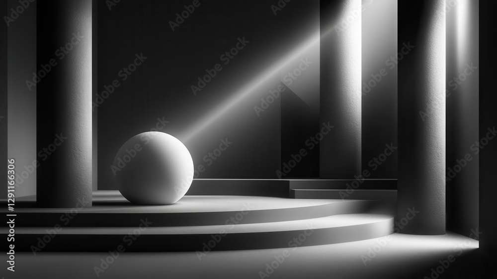 Fototapeta premium Monochrome minimalist sculpture, gradient ambient lighting, luxurious art space, 3D illustration