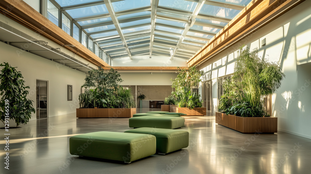 Fototapeta premium A beautifully designed modern atrium with expansive skylights casting soft, natural light over a sophisticated interior