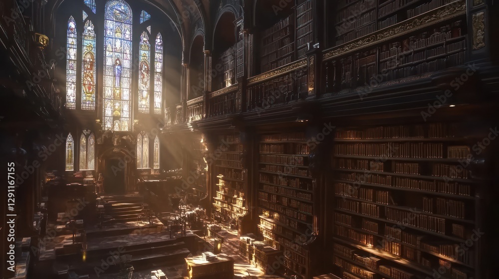 Fototapeta premium Sunlit grand library, stained glass, bookshelves, research, education