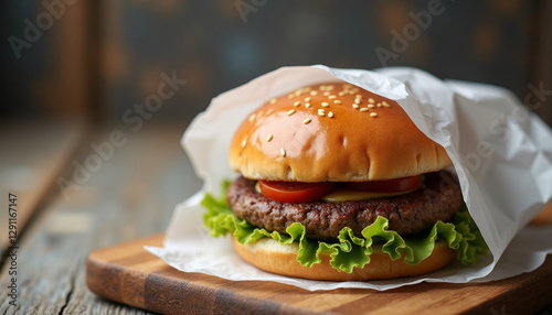 Hamburger on wooden board, wrapped in white paper. Sesame seed bun, juicy beef patty, fresh lettuce, tomato slices, and hint of cheese. Food blogs, restaurant menus, advertisements, culinary websites.