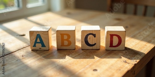 Wooden blocks spelling the alphabet's first four letters sit on a sunlit table, showcasing early childhood education photo