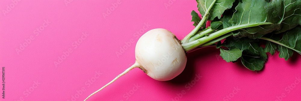 Fresh White Turnip with Crisp Leaves on Neon Pink Background Fresh White Turnip with Crisp Leaves on Neon Pink Background