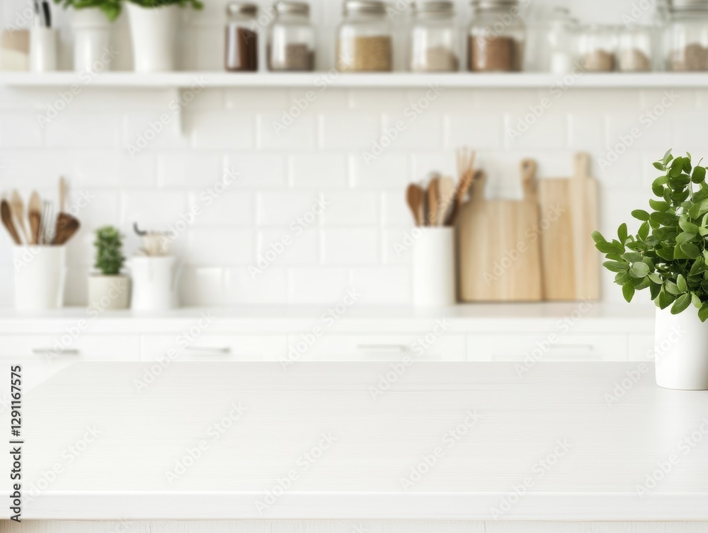 Bright white rectangular wooden table with clean surface and blurred kitchen background featuring utensils and jars.
