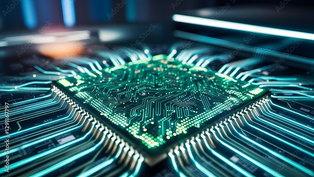 A blue and green computer chip with a lot of dots A blue and green computer chip with a lot of dots