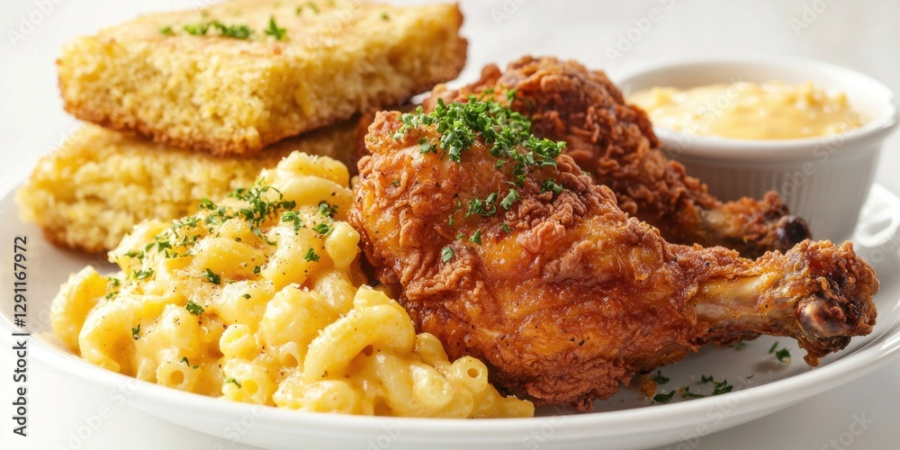 Fried Chicken with Mac and Cheese and Cornbread on a white background Fried Chicken with Mac and Cheese and Cornbread on a white background