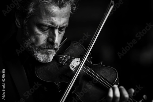 Black and white close-up portrait of an elderly violinist playing music