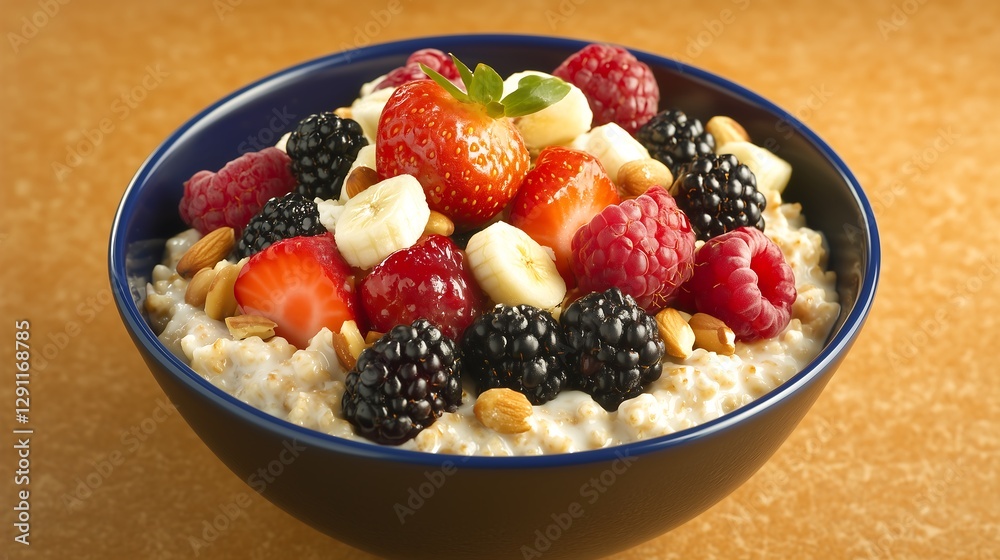 A bowl of oatmeal topped with fresh berries, nuts, fruits, beautiful natural lighting, beautiful studio lighting, background is a monotone natural terracotta color A bowl of oatmeal topped with fresh berries, nuts, fruits, beautiful natural lighting, beautiful studio lighting, background is a monotone natural terracotta color