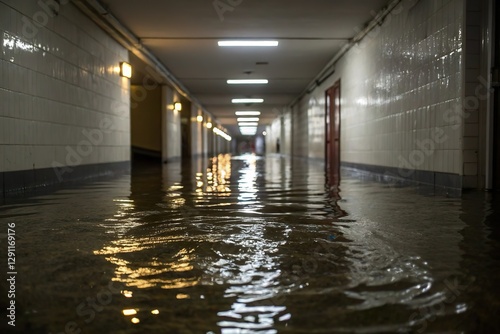 flood water in building corridor. urban flooding problem
