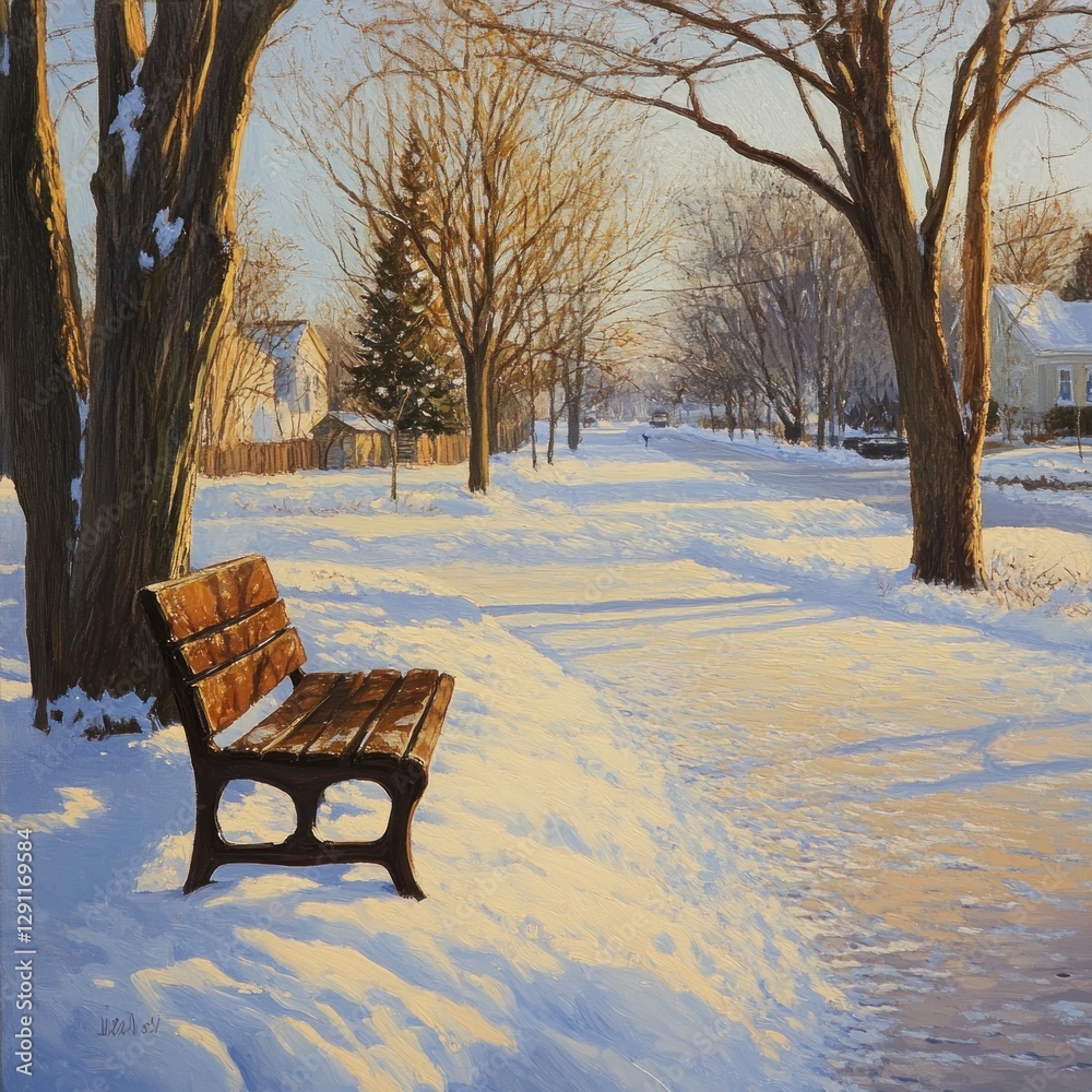 Winter park bench, snow-covered street, golden light Winter park bench, snow-covered street, golden light