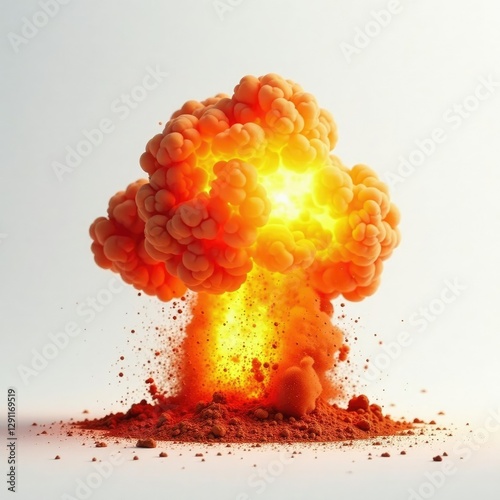 Devastating explosion of fire bomb on white surface, blast site, incendiary