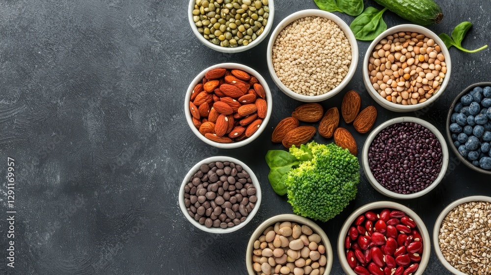 A vibrant assortment of nuts, seeds, and vegetables displayed in bowls, showcasing a healthy and colorful selection of plant-based foods. A vibrant assortment of nuts, seeds, and vegetables displayed in bowls, showcasing a healthy and colorful selection of plant-based foods.