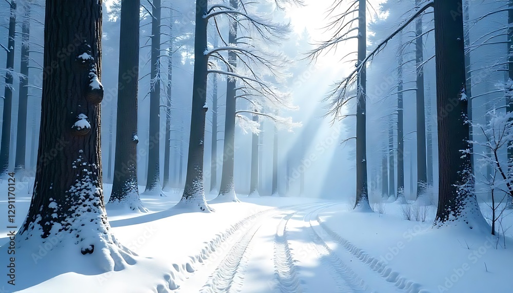 Naklejka premium The snowy forest road with sunlight peeking through the trees
