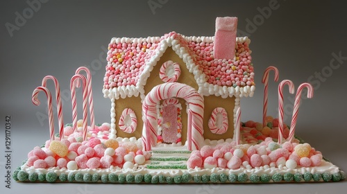 Festive Pink Gingerbread House Delightfully Decorated with Candy Canes photo