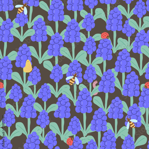 Grape Hyacinth and Garden Insects, Spring Flower Seamless PatternGrape Hyacinth and Garden Insects, Spring Flower Seamless Pattern