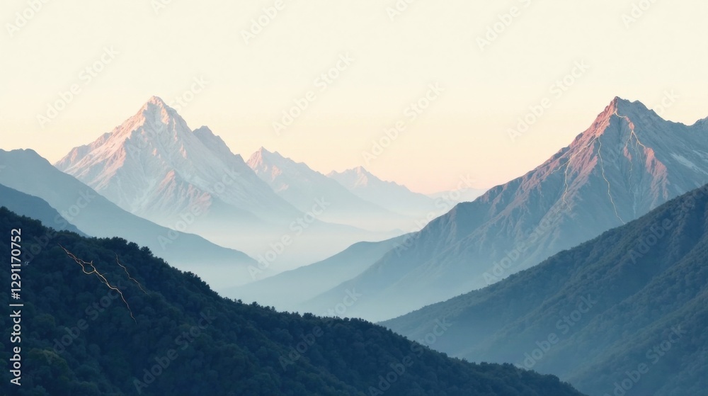 Serene Mountain Panorama at Dawn A Breathtaking View of Majestic Peaks and Verdant Slopes Serene Mountain Panorama at Dawn A Breathtaking View of Majestic Peaks and Verdant Slopes