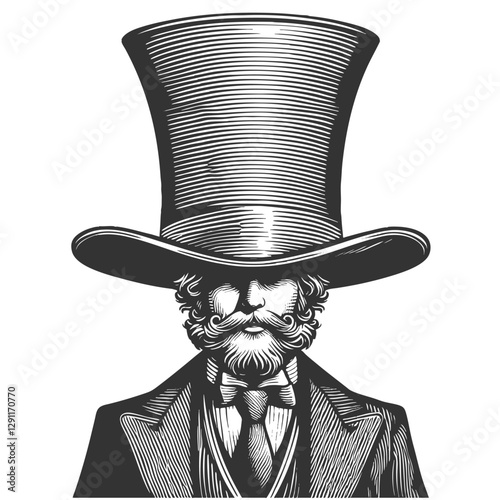 gentleman wearing an exaggeratedly tall top hat, complete with a mustache and suit sketch engraving generative ai vector illustration. Scratch board imitation. Black and white image.