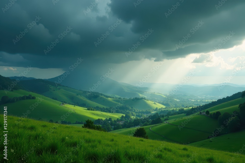 Fototapeta premium Rolling hills drenched in rain, brooding sky filled with dark clouds , landscape photography, rainy
