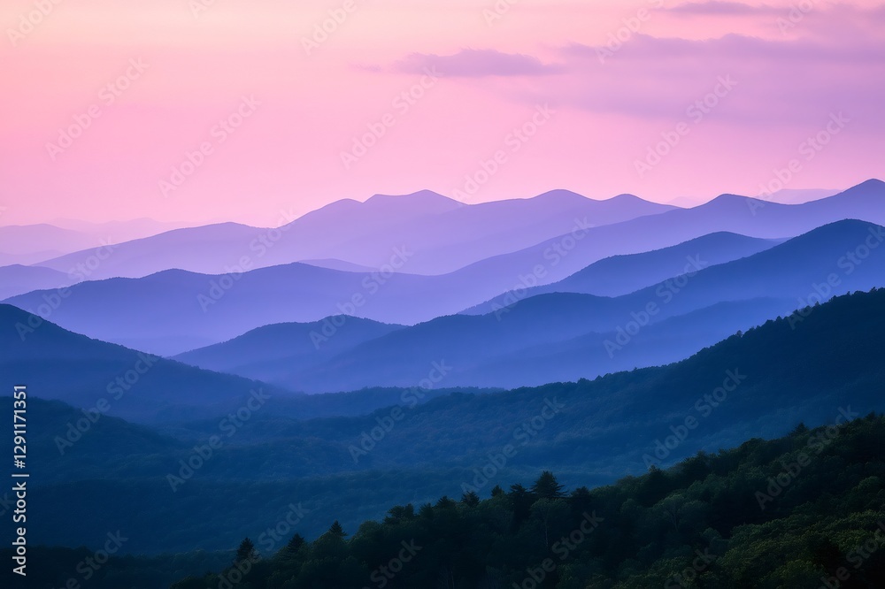 Layers of majestic mountains fading into the distance, enveloped by a serene pink and purple twilight sky at dusk Layers of majestic mountains fading into the distance, enveloped by a serene pink and purple twilight sky at dusk