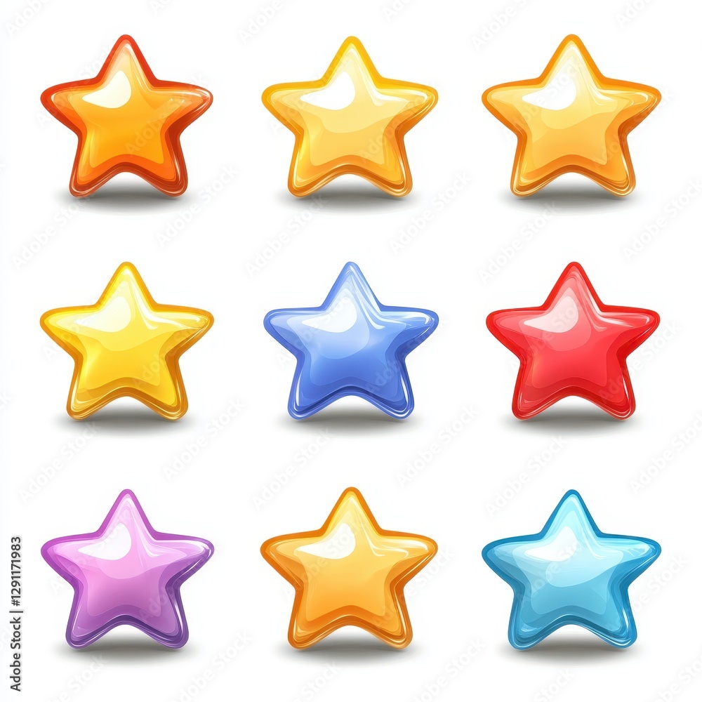 A vibrant grid of glossy stars in various colors, including orange, yellow, blue, red, and purple, arranged in a 3x3 layout. A vibrant grid of glossy stars in various colors, including orange, yellow, blue, red, and purple, arranged in a 3x3 layout.