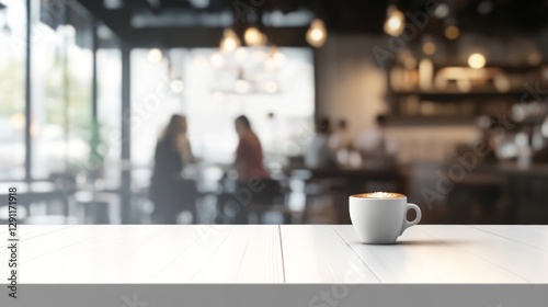Sleek white rectangular wooden table with bright lighting and blurred chic cafe background featuring customers and coffee cups
