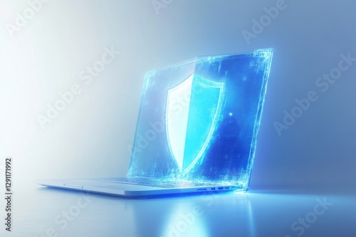Blue holographic shield projection on a digital futuristic interface background photo