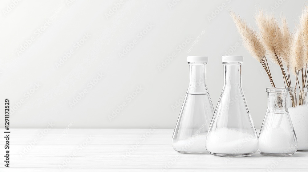 Clear Bottles and Beaker on White Surface