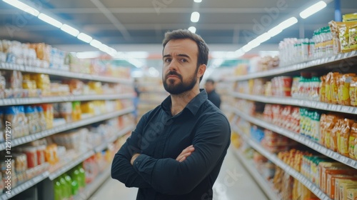 Thief alert in a supermarket, cashier noticing suspicious activity. Featuring fast reaction and product security photo