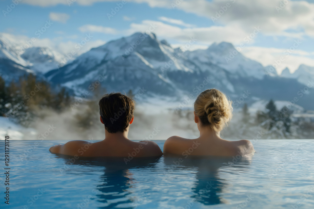 Couple enjoying a relaxing thermal bath in an infinity pool with a stunning snowy mountain view in the background Couple enjoying a relaxing thermal bath in an infinity pool with a stunning snowy mountain view in the background