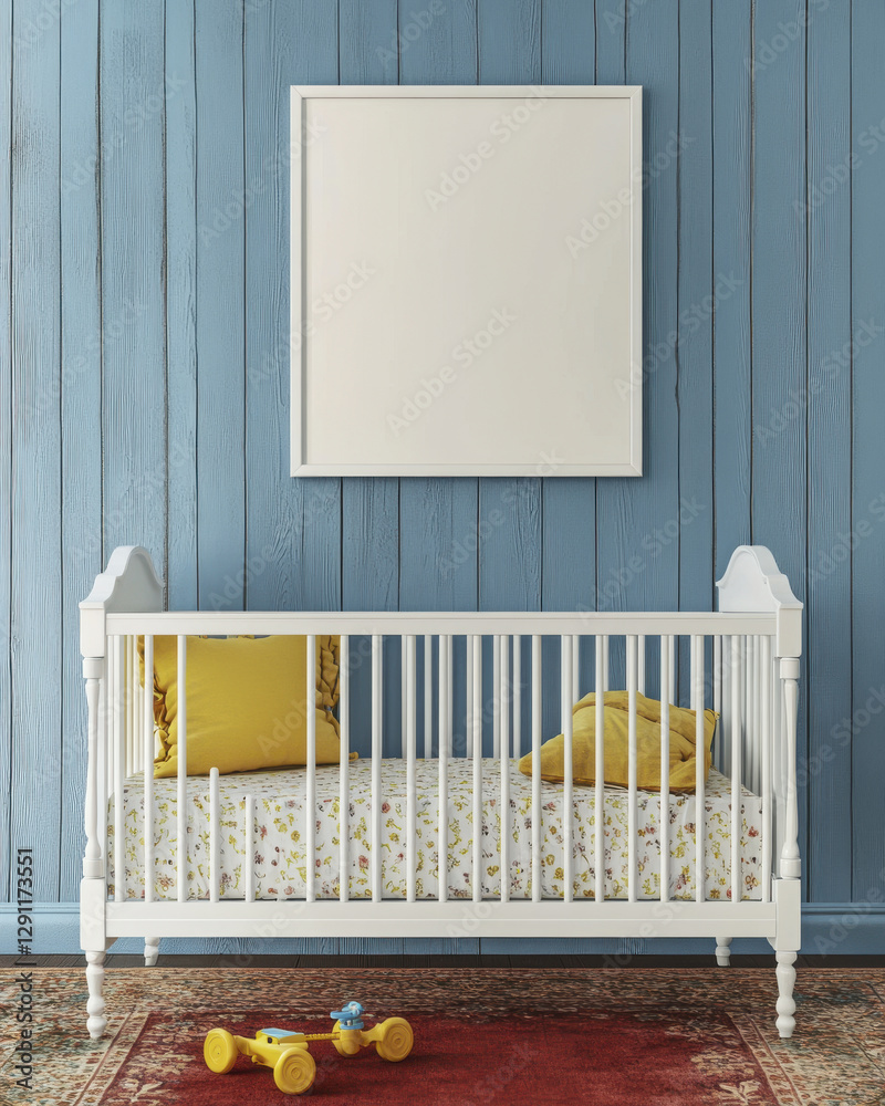 white wooden baby crib with yellow pillow and floral bedding, set against blue wall, creates serene nursery atmosphere. toy car adds playful touch white wooden baby crib with yellow pillow and floral bedding, set against blue wall, creates serene nursery atmosphere. toy car adds playful touch