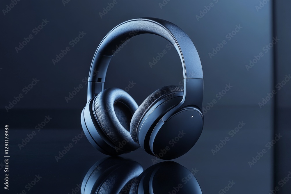Dark blue headphones resting on a table with soft lighting Dark blue headphones resting on a table with soft lighting